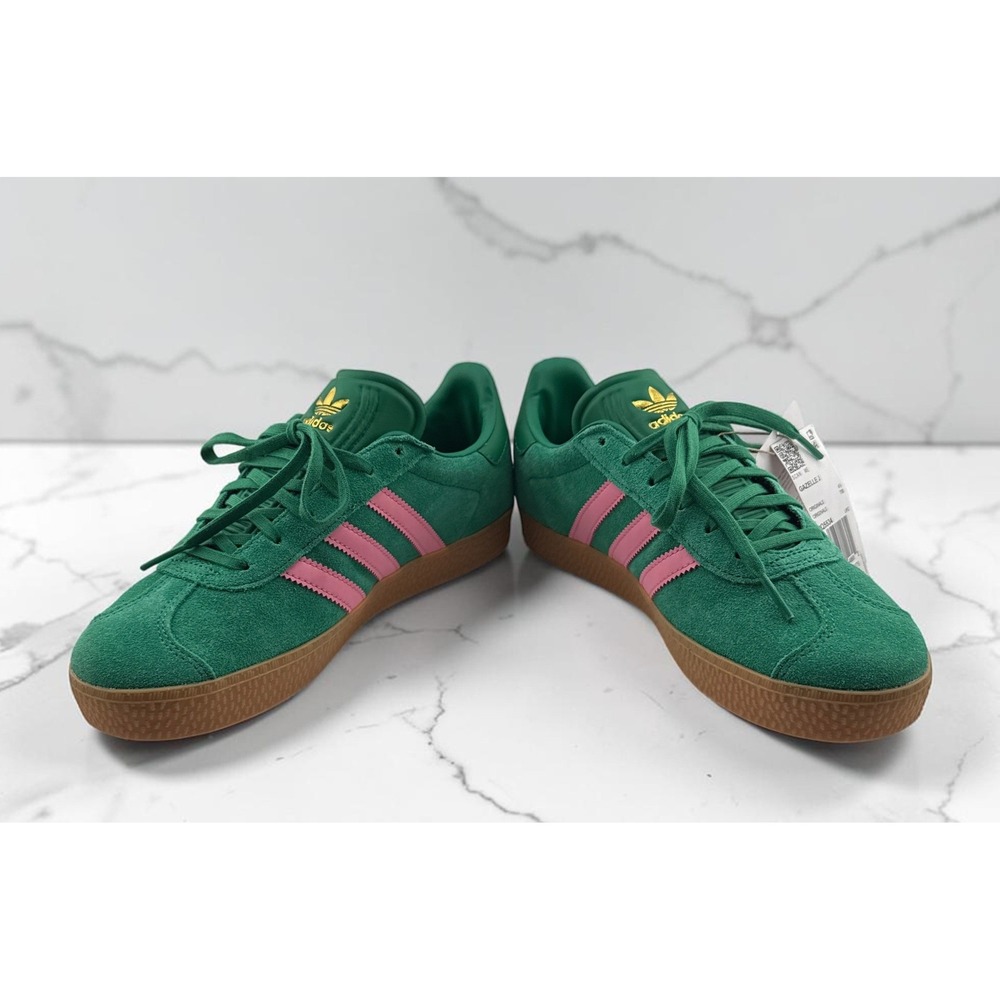 adidas Green Suede Sneakers with Pink Stripes and Gum Sole